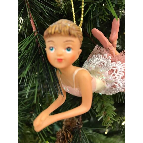2 Girl Ballerinas Standing Laying Down Pose Pink Christmas Tree Ornaments 3-4 in - Picture 3 of 10